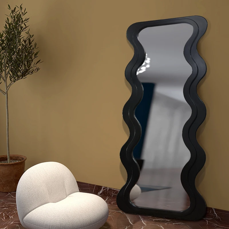 Wavy Large Full  Floor Length Wave Shape Wooden Frame Stand Mirrors Arch  Irregular Decorative Wall Dressing Full-Length Mirror