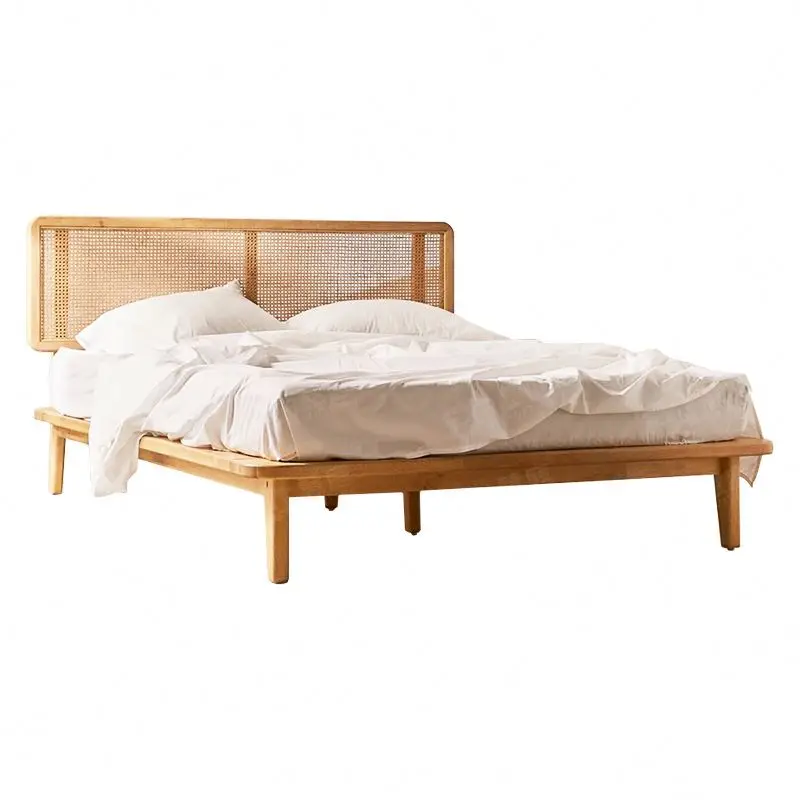 Custom Nordic Modern Bedroom  Large Bed Made Of Rattan Wood Cane Furniture