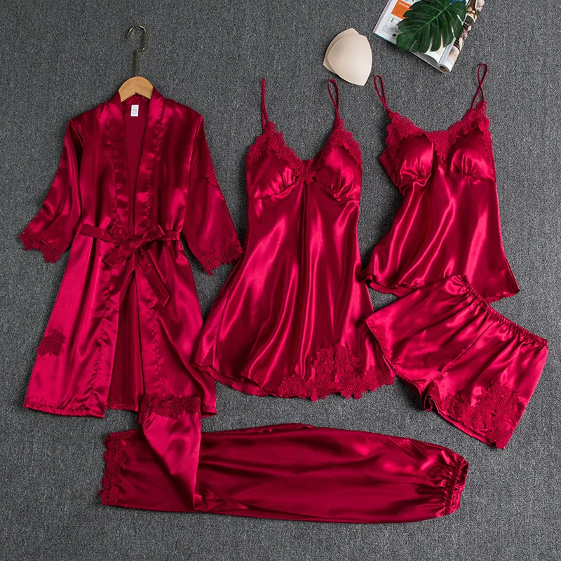 wholesale ladies Pajamas 5Pcs Set Satin Silk Home Suit Clothing Embroidery Plus size V-Neck Lace women Sexy Sleepwear
