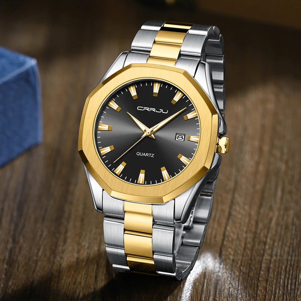 Crrju watch 5004 luxury guangzhou men hour hot sale Stainless steel band water resist Calendar Simple business watch kit