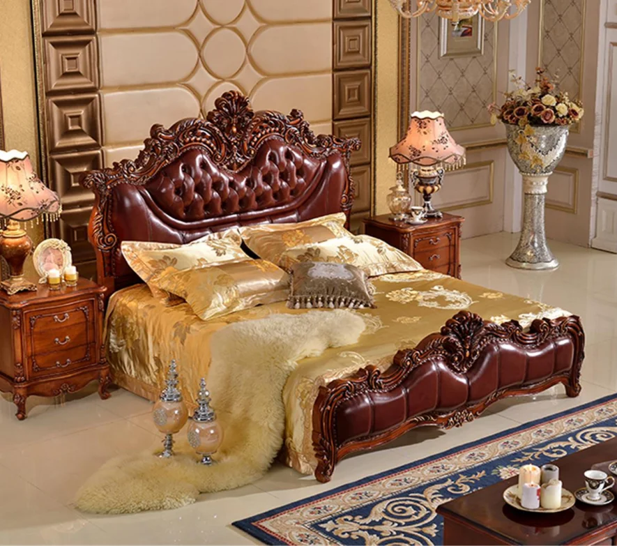 Luxury all handcrafted solid wood carving bed in euro royal style with  first layer of cow leather and mahogany