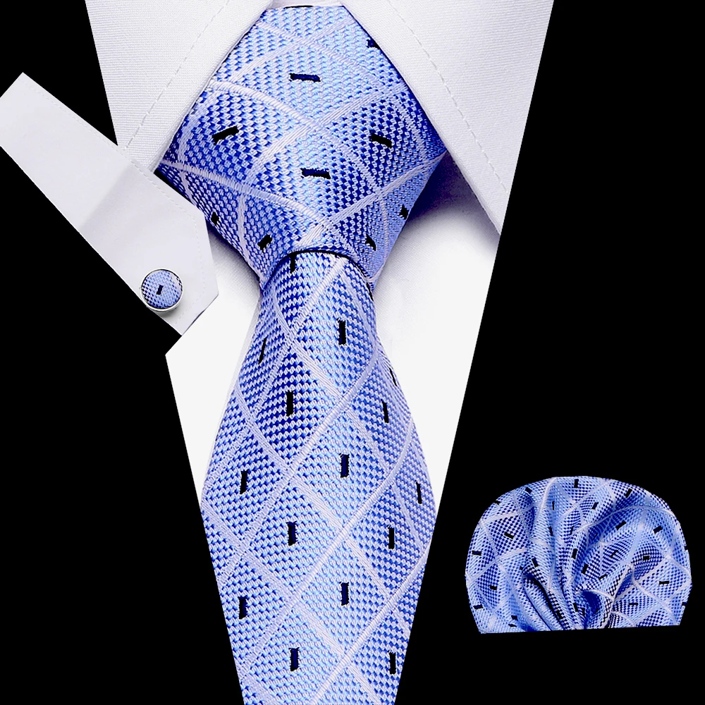 New Woven Classic Men Tie Necktie T Navy Blue Plaid  Silk Tie  Handkerchief Cufflinks Tie Set