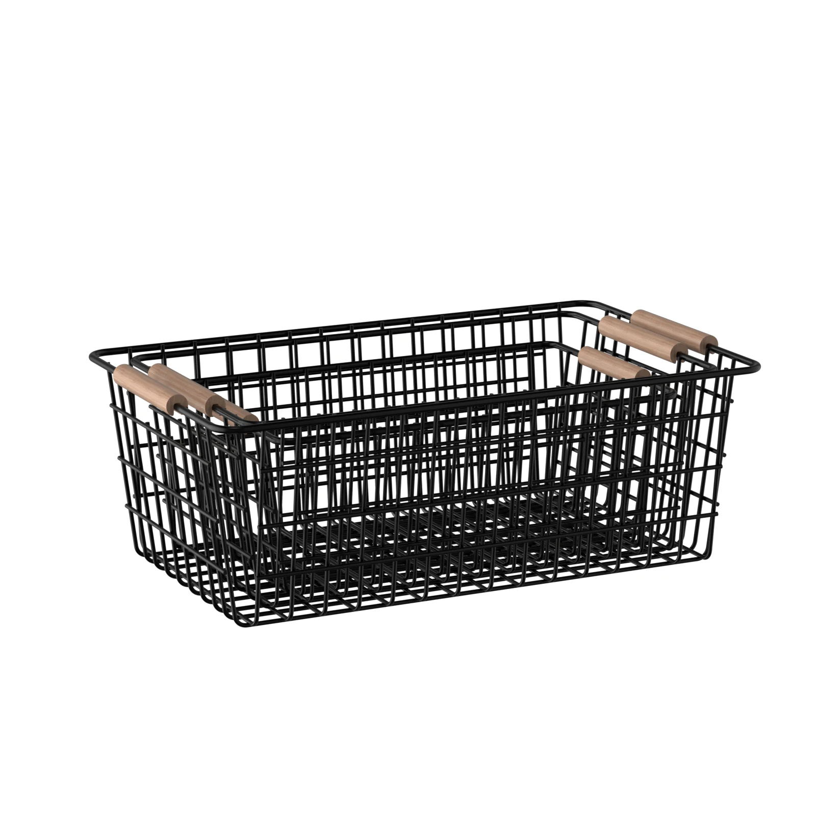 Household 3 Pieces Set Black Square Metal Iron Wire Vegetable Fruit Storage Basket with Wood Handle for The Kitchen