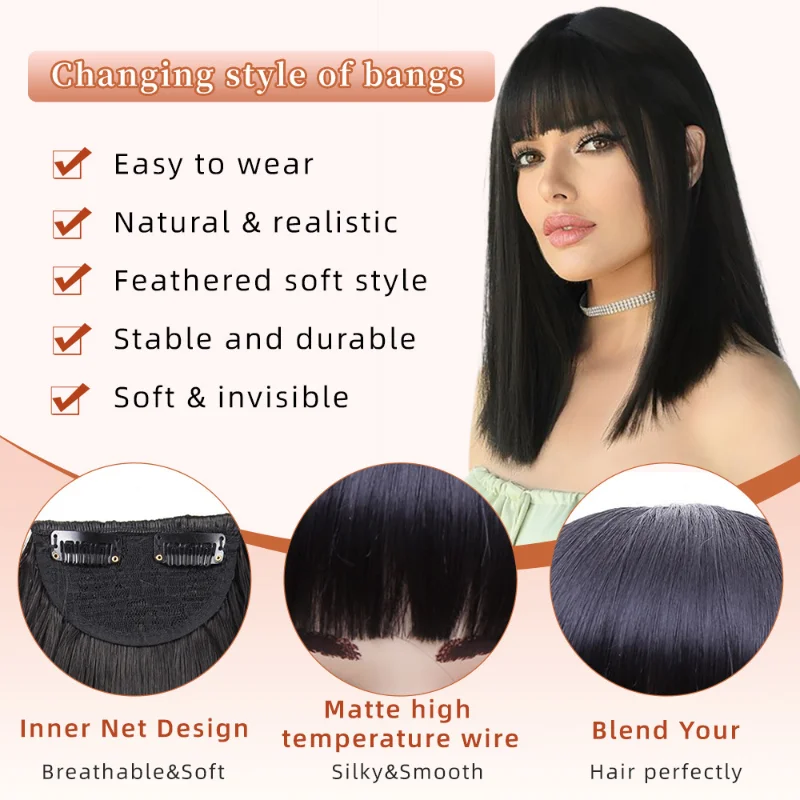 Factory Wholesale Synthetic Hair Extension Clip Hair Piece Hair Bangs Straight Fringe with Temples for Women Girls