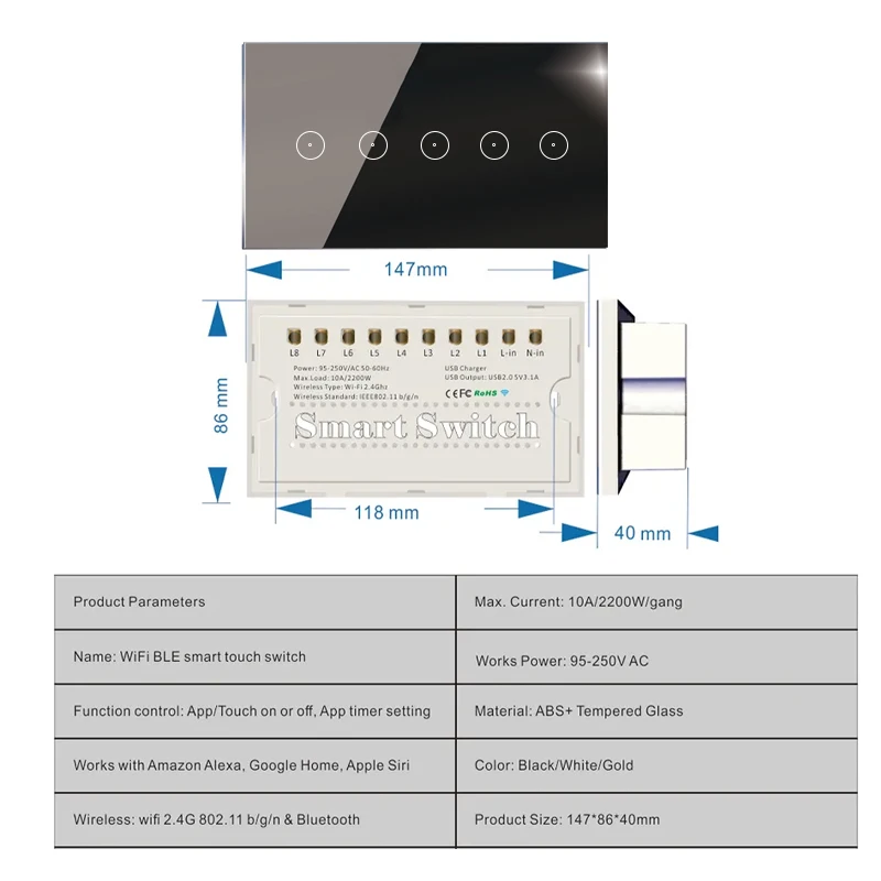 147 Type Wi-Fi  Universal 5 Gang SmartTouch wall Switch with Tuya App Remote Control and Backlight Function
