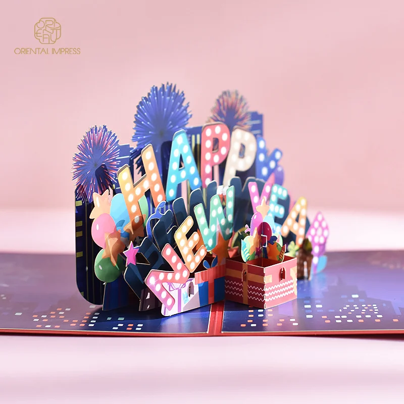 High Quality 3D Happy New Year Pop Up Season Greeting Card with Envelope