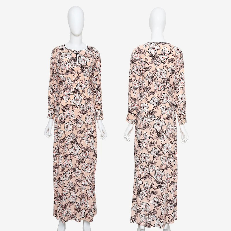 Factory hot sale custom printed button neckline long sleeve wholesale silk long dress