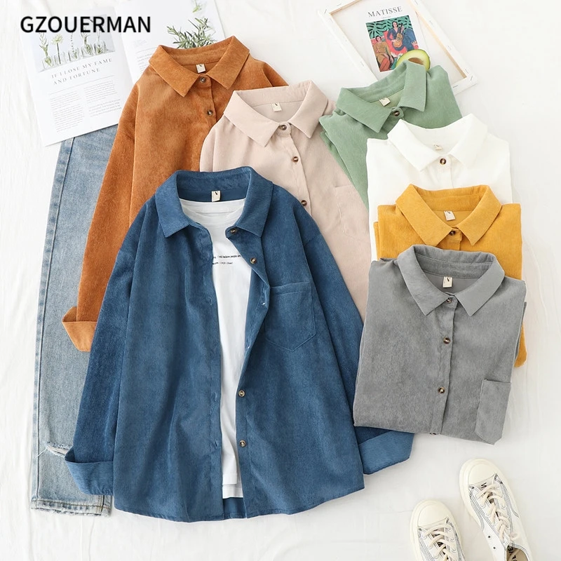 2021 New Fashion Women Corduroy Shirts Tops Blouses Long Sleeve Spring Ladies Solid Color Loose Boyfriend Style Shirt (1600175375243)