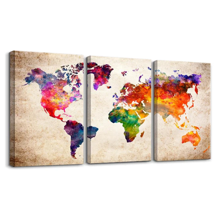 3 pieces Abstract World Map Canvas Painting Vintage Prints Colorful Wall Art Wall Artwork for Living Room Decor