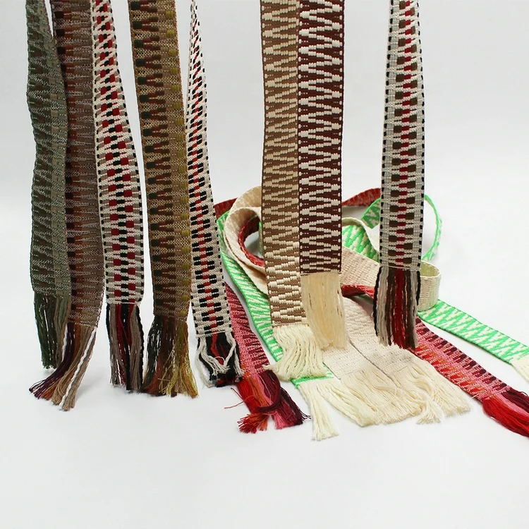 Cotton durable jacquard waist belt women boho dressing fabric belt with tassels