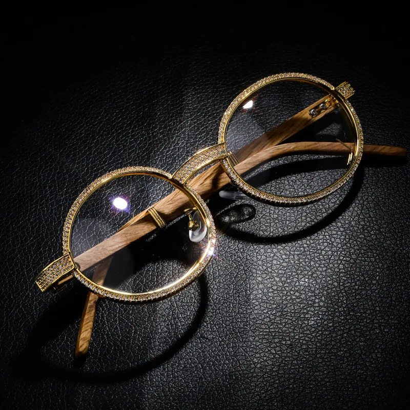 Fashion Jewelry Bling Bling Full Iced Out Glasses HipHop Lab Diamond Eyeglass With Wooden Temple