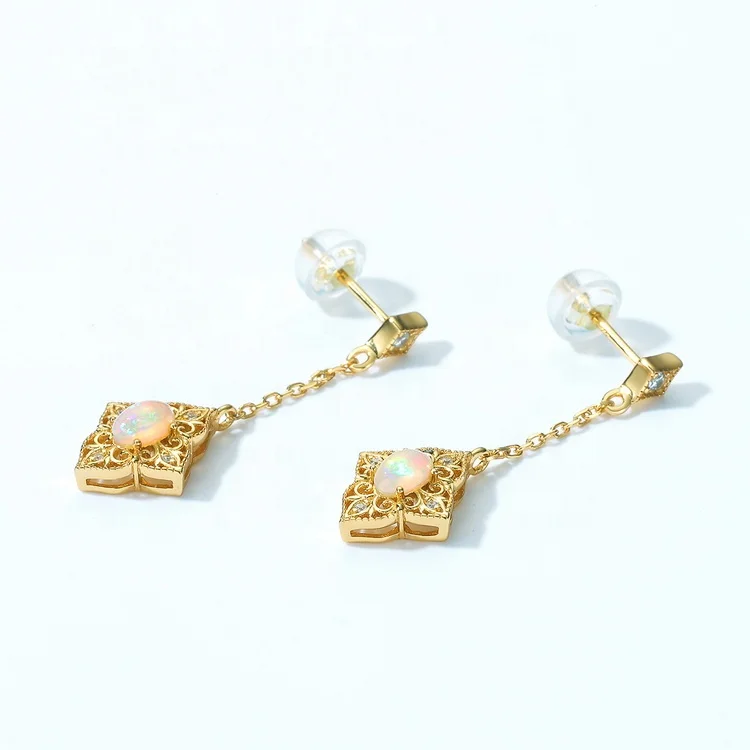 Factory Price Fashion Natural Gemstone Long Link Chain Dangle Earrings Gold Plated Opal 5A CZ Drop Stud Earrings