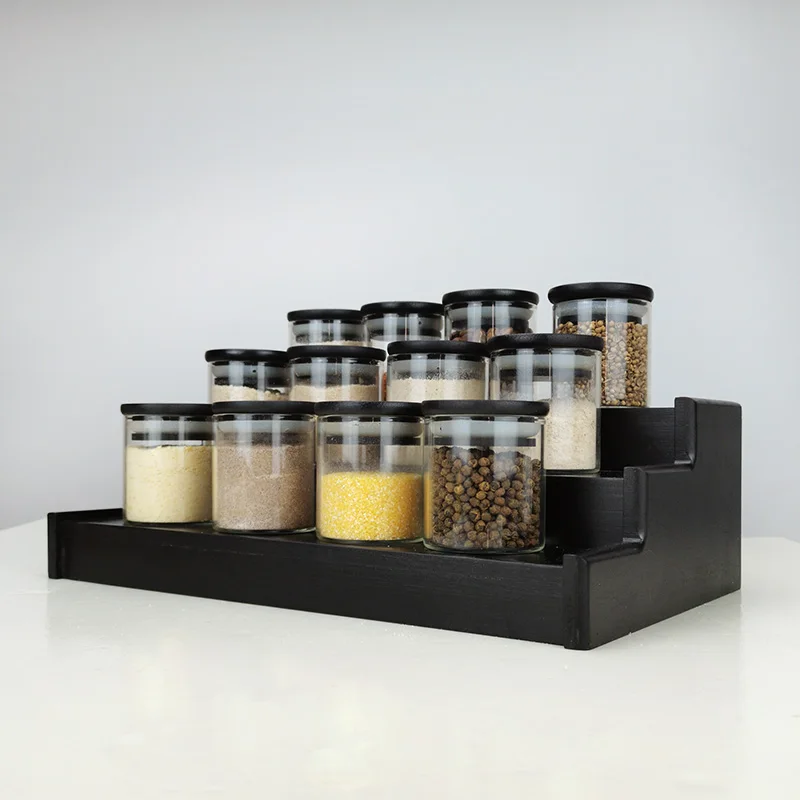 New  Kitchen tool set glass spice jar 12 pack 3.3oz  glass spice jar with black bamboo lid and 3-Tier bamboo rack