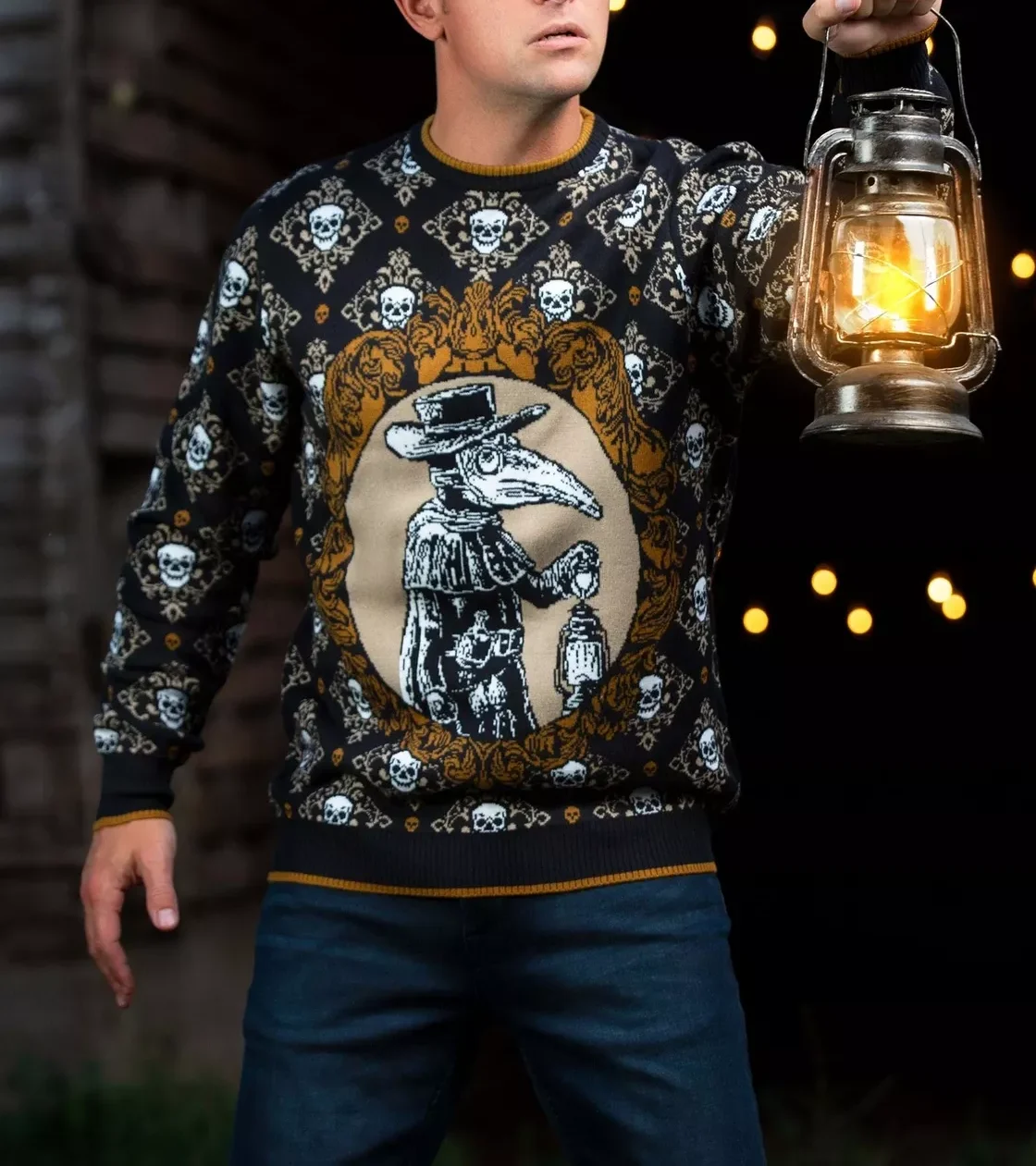 Oem&Odm Wholesale Custom Cotton Halloween Plague Doctor Beak Mask Skull Long Sleeve Pullover Crewneck Knitted Men&Women Sweater