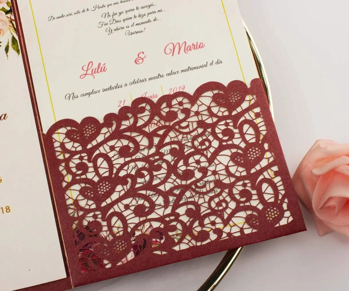 europe style germany wedding invitation card Burgundy Vintage Tri Fold Laser cut Hollow pocket invitaciones de boda