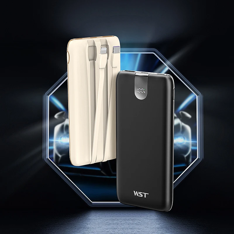 Hot Sale 10000mAh Travel Power Bank Slim Battery Pack LED Display Portable Mobile Phone Charger Built in with Cables