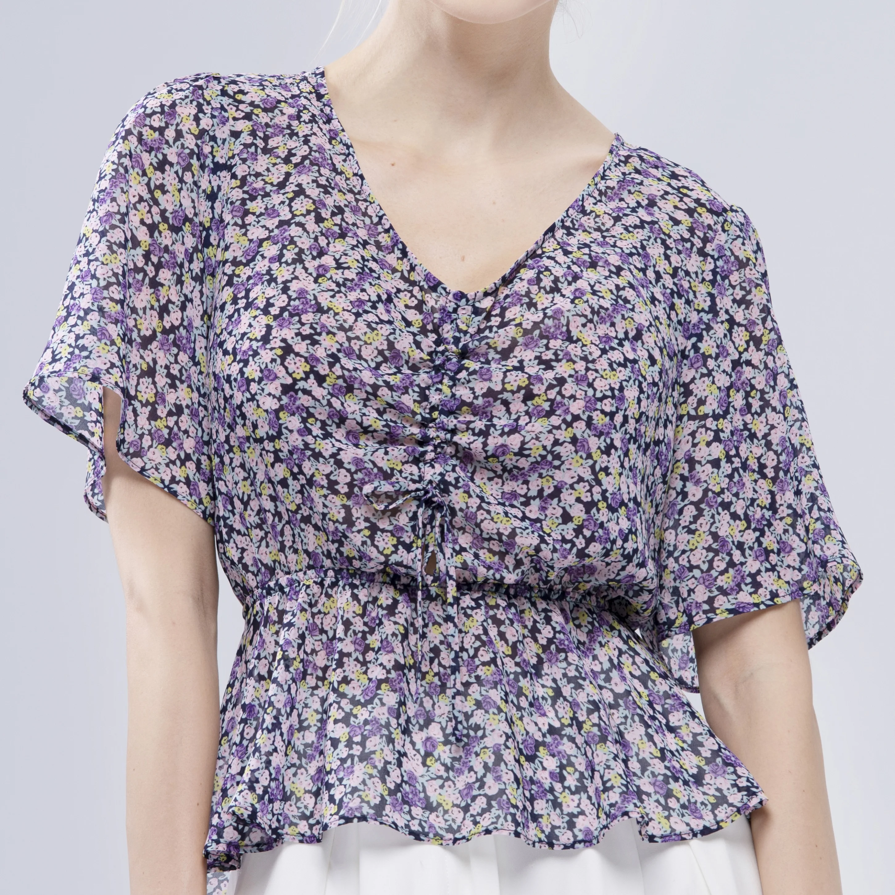 Женская одежда с эластичным поясом, летние повседневные облегающие элегантные блузки с коротким рукавом и цветочным принтом, топы