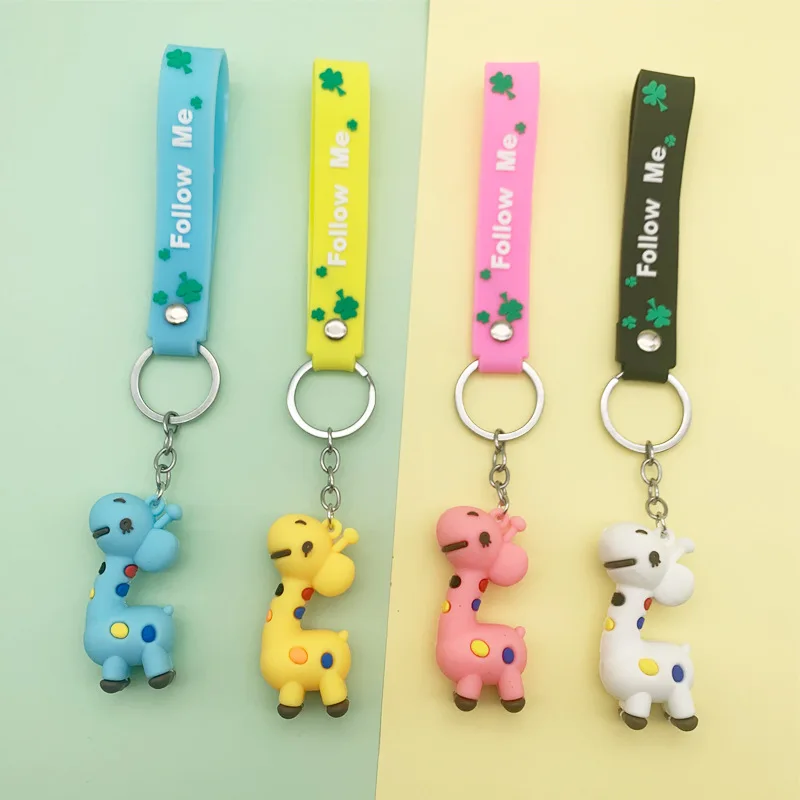 
Custom logo 3d cute cartoon animal creative giraffe soft rubber backpack pendant keychain 