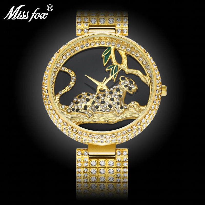 MISSFOX Black Elegant Leopard In Tree Mk Stainless Steel Japan Movement Analog Luxury Fashion Gold Women Quartz Watches