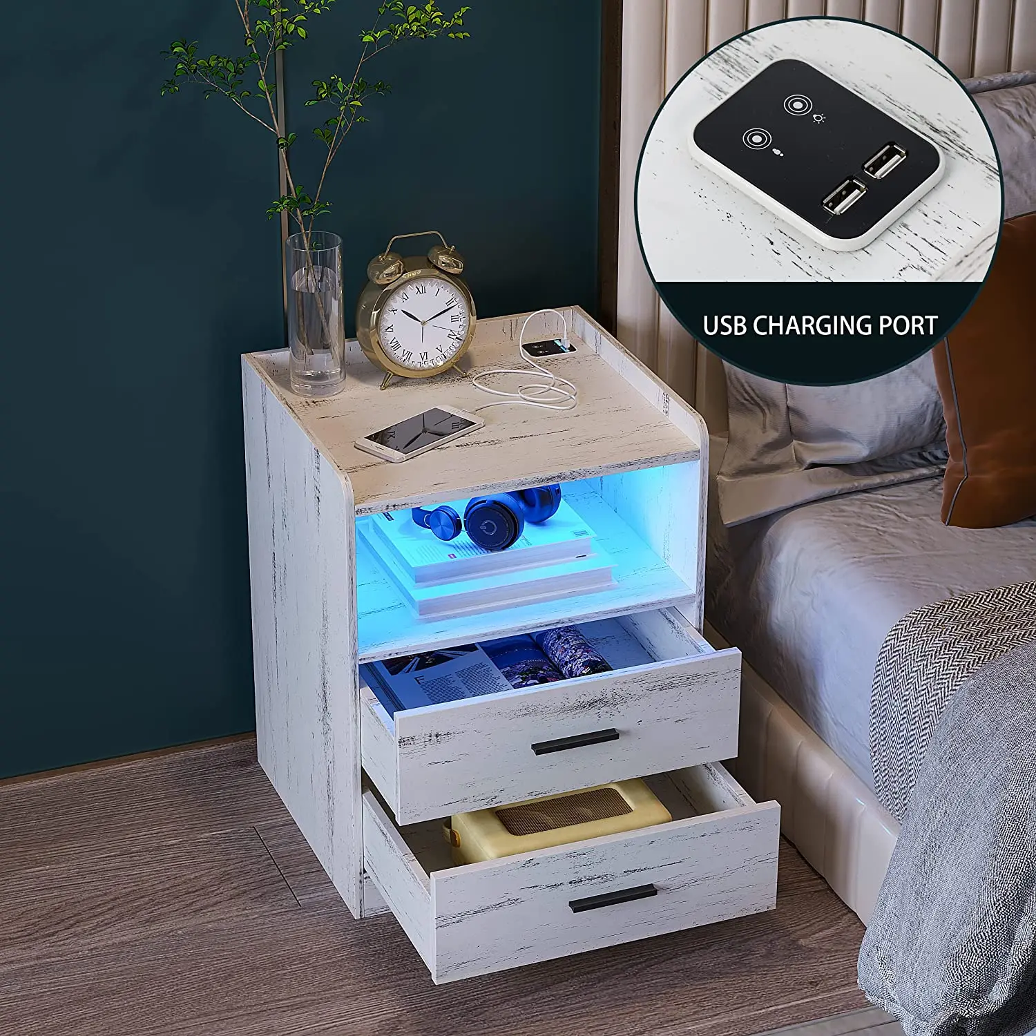 Multifunctional Smart Nightstand Table Bedroom Wooden Smart Led Bedside Table with Charging Station
