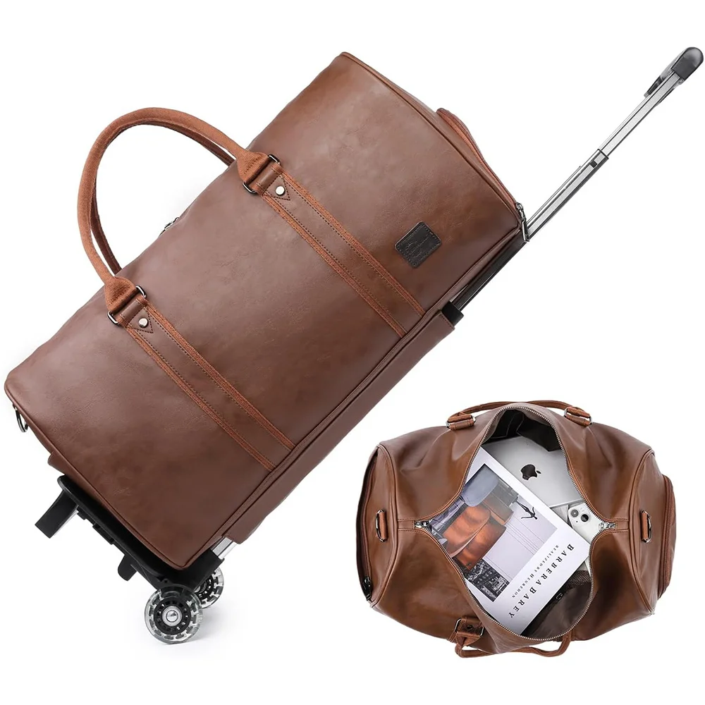 Waterproof Rolling Duffel Bags with Removable Rollers Carry on PU Leather Bags Luggage Travel Bag for Men and Women Black
