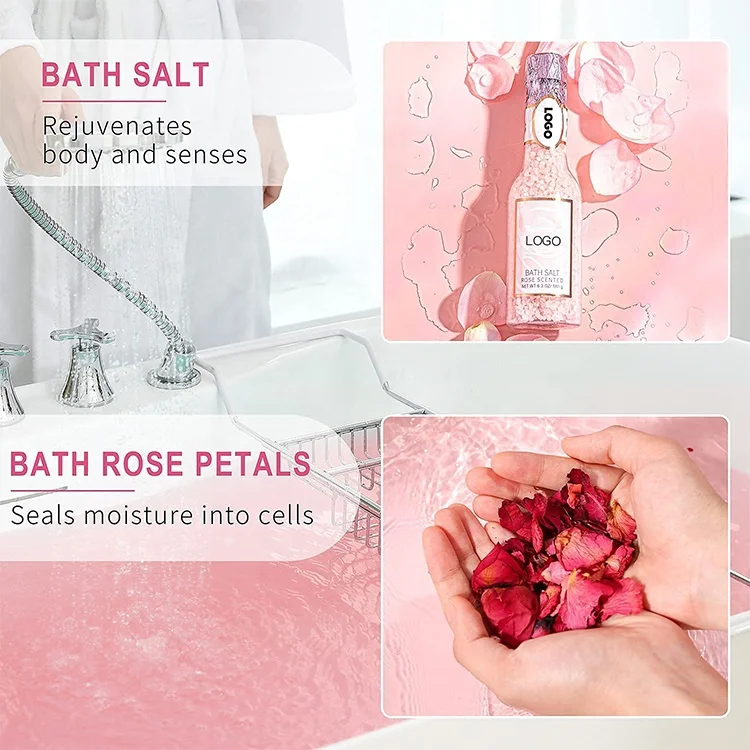 wholesale natural private label rose scent bath salt essential oil bath rose petal salt scrub bath gift sets