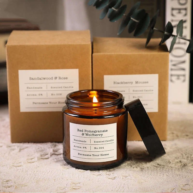 Wholesale empty 100ml 250ml 500ml amber glass candle jar with lid, glass candle jar