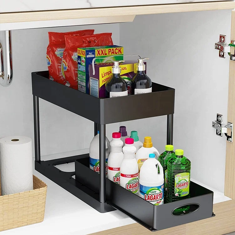 50% Off 2-Tier Sliding Cabinet Basket Organizer Drawer, Multi-Purpose Under Sink Organizers for Bathroom Kitchen with Hooks