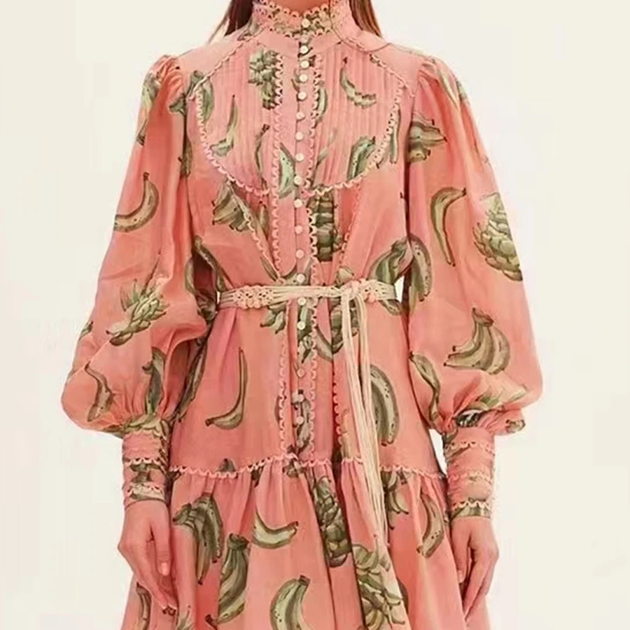 2023 Grace Ladies Casual Patchwork Lace Cutout Ruffle Mini Ladies Dress Hawaiian Plantain Pattern Elegant Casual Dress