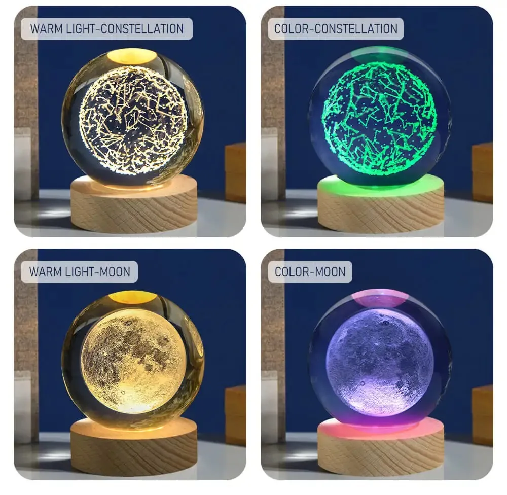 Wholesale Custom Wooden Base 3D Art Luminous Crystal Ball Decoration Solar System Led Night Lights Desktop Home Decor