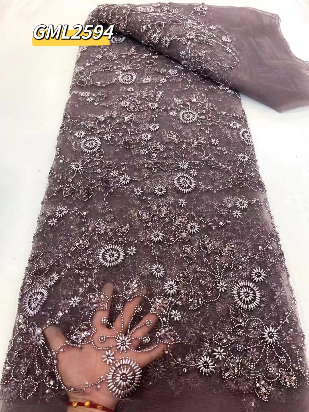 Harvest hot sale products heavy beads sequins luxury bridal lace fabric for weddings dress pure white beaded lace sequin fabric