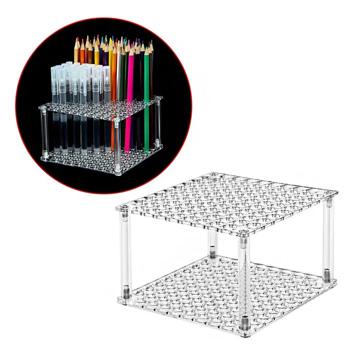 Wholesale Durable 96 Holes Clear Acrylic Pen Holder Square Acrylic Colored Pencil Stand For Stationery Store