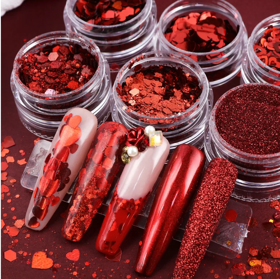 New 6 Color Colorful Valentine Design Bottled Big Red Love Shining Mixes Shape Set New Year Nail Sequins