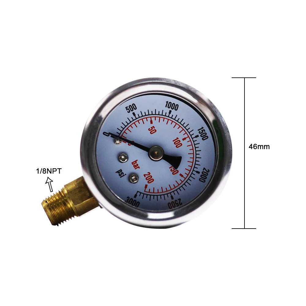 New Copper Silver Double Colour Scale 200bar 3000psi Thread 1/8NPT Diameter 46mm Pressure Gauge for Paintball Gas Insdutry