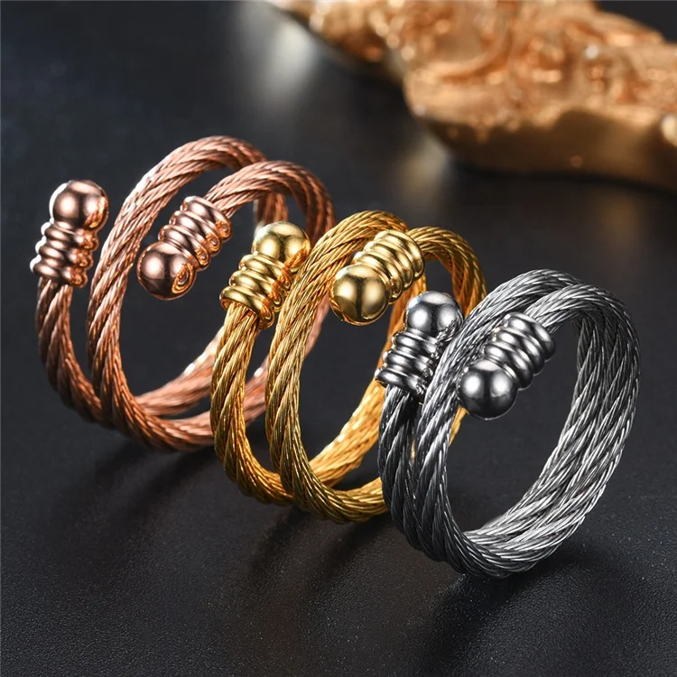 Amazon Hot Selling Stainless Steel Adjustable Rings Open Ring Men Personality Silver And Gold Twist Couple Ring