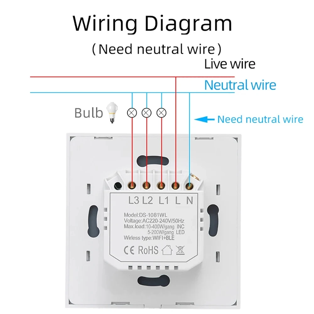 uya WiFi Smart Light Switch Neutral Wire Required Wall Push Button Switch EU Smart Life Work with Alexa Google Home 1/2/3 Gang