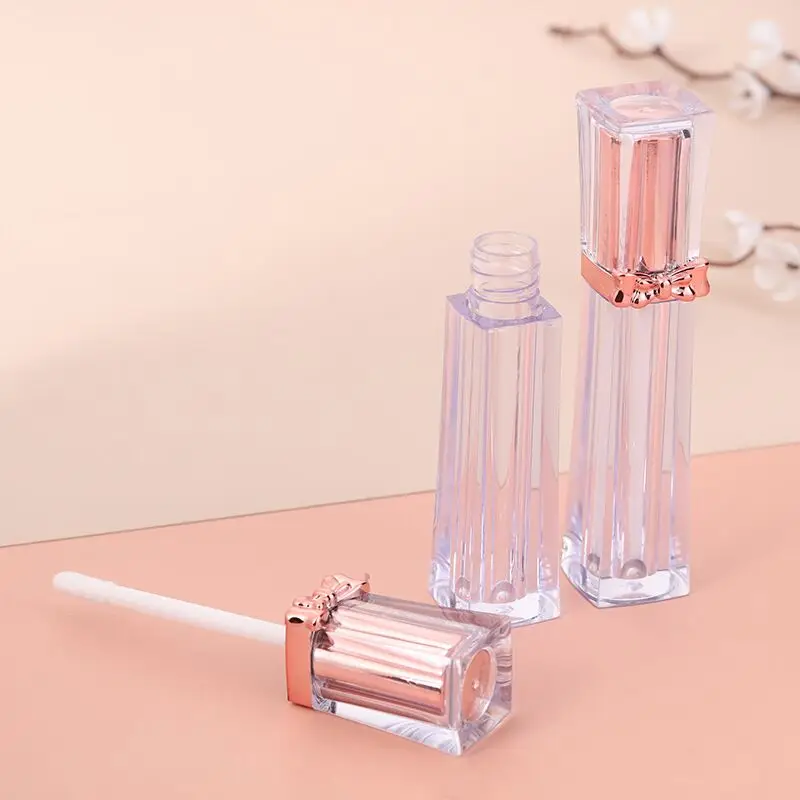 New Custom clear Square luxurious Lip Gloss Tube with Wand rose gold bows on