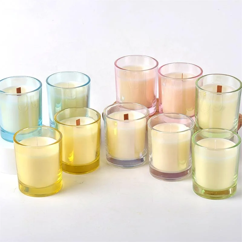 2024 New Design Wood Wick Luxury Clear Iridescent Electroplate Glass Scented Candle