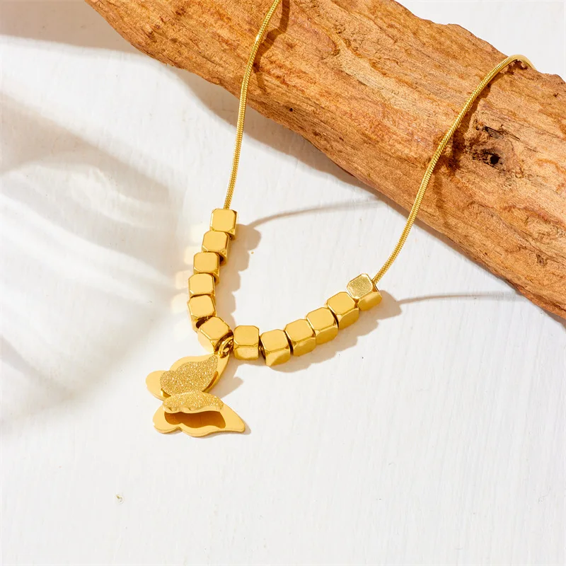 stainless Steel necklace Jewelry Set Romantic Cube Beads Butterfly 18k Gold Plated Necklace mothers days