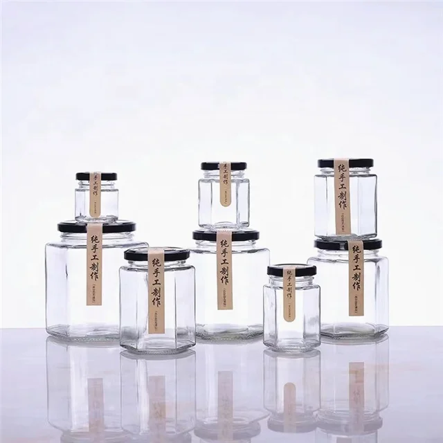 Шестигранные утолщенные прозрачные банки для хранения продуктов разных размеров стеклянные меда с герметичными металлическими крышками