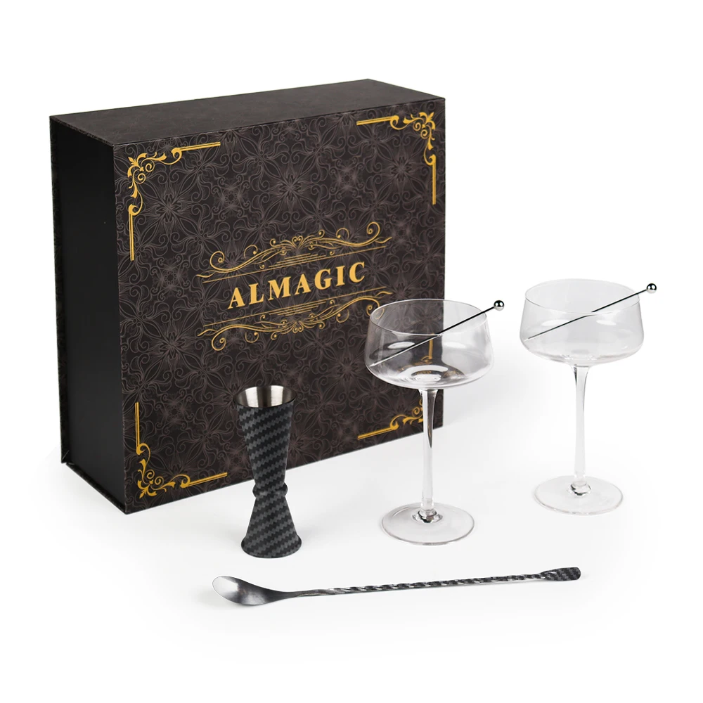 New Design Black Carbon Fiber Texture Cocktail Shaker Set Bartender Kit Gift Box