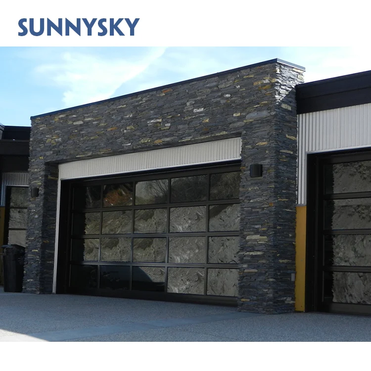 Sunnysky Aluminum Alloy Frosted Glass Modern New Black Combined Automatic Garage Door For Villa Modern Garage Door