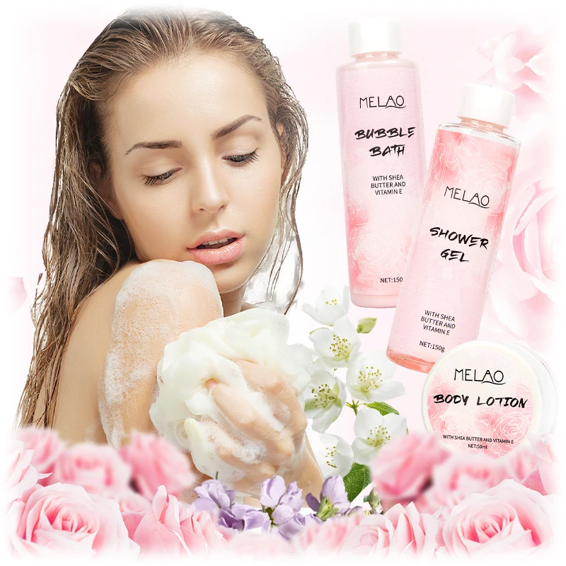 Custom Personal Care Home Hotel Body Lotion Shower Bath Spa Gift Set With Bath Slat Loofah Bubble Shower Gel For Women