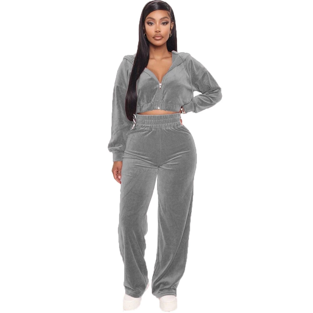 Winter Fitness Casual Jogging Velour 2 Piece Set For Women Crop Top And Two Piece Pants Set