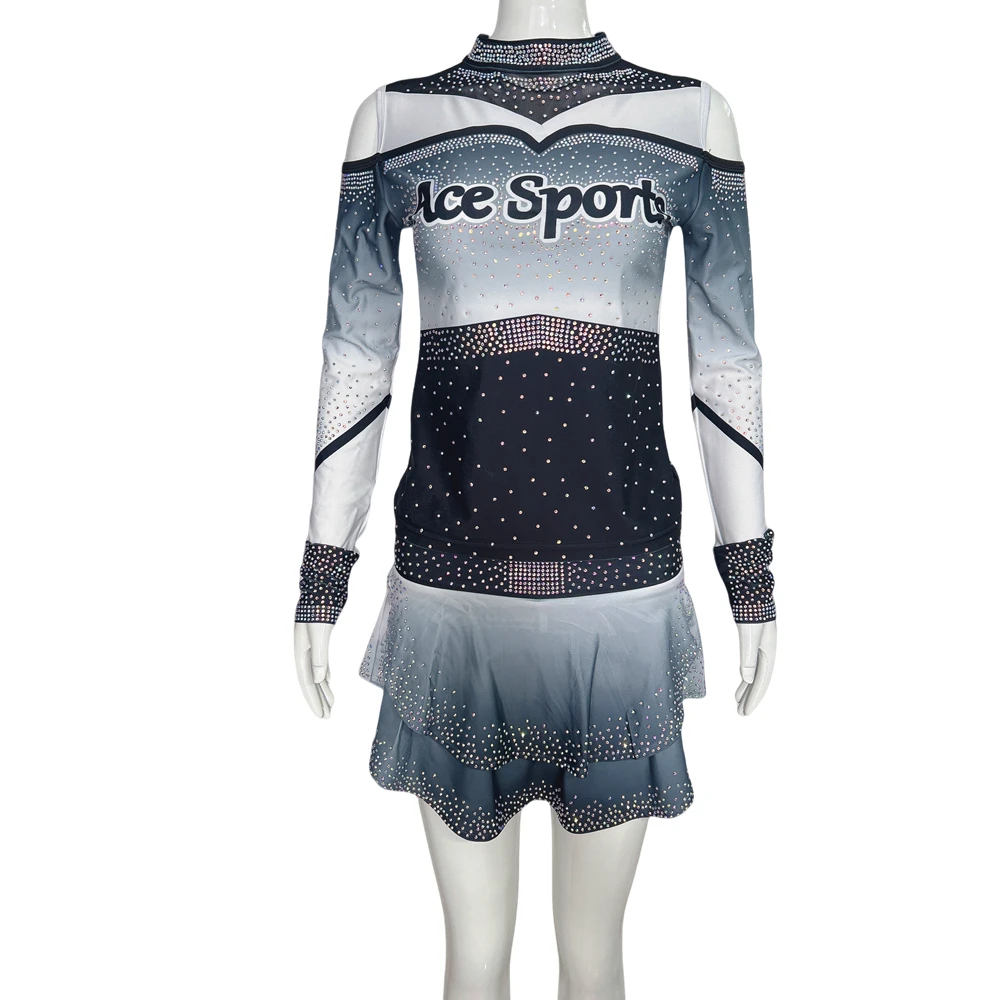 Ace Sports Customizable Cheerleading Uniforms Youth Flowly Skirts Sets Shiny Rhinestones OEM Cheerleader Costume Girls Wholesale