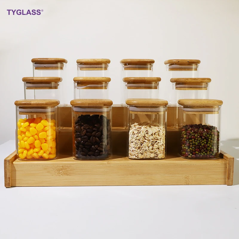 Factory direct sales customizable multi-specification heat resistant Square food storage glass jar with bamboo wooden lid