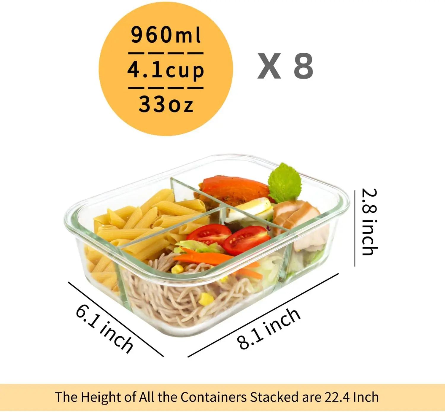 8 Pack Glass Meal Prep Containers 3 Compartment Glass Food Storage Containers with Lids Airtight Glass Lunch Boxe