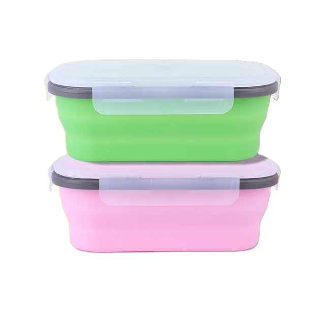 New Designed Microwave Safe bento lunch box Collapsible Silicone Food Container With Spoon Fork Silicone folding Lunch Box