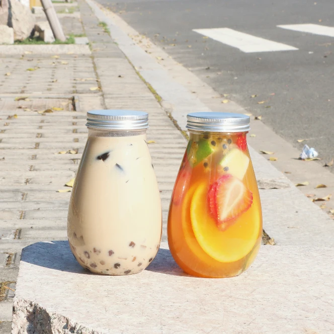 Factory direct 450ml water drop bottle, PET food-grade material, aluminum cover, and customized packaging.