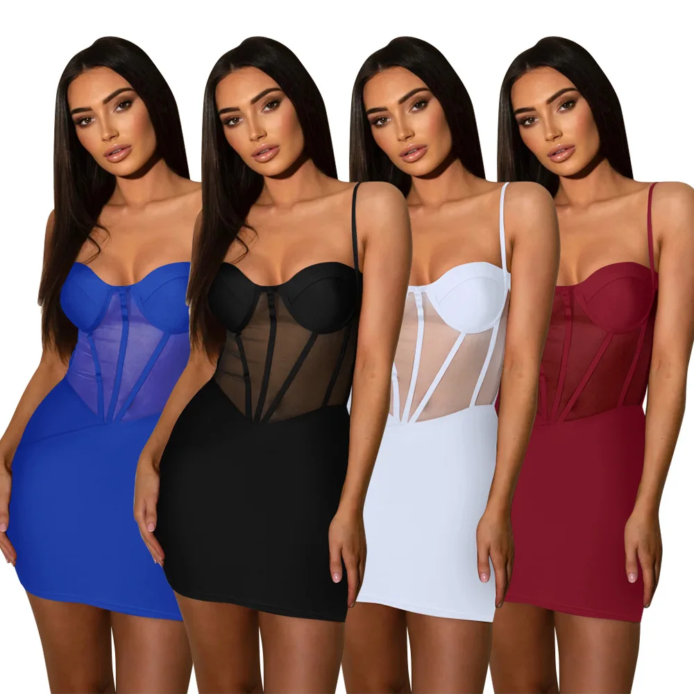 Женское облегающее кружевное короткое платье-комбинация с оборками на бедрах прозрачное вечернее платье белого и черного